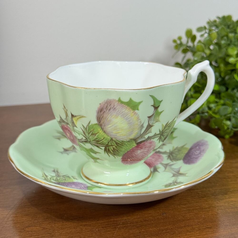 Queen Anne Thistle Tea Cup & Saucer Fine Bone China England 1950's Mint Green
